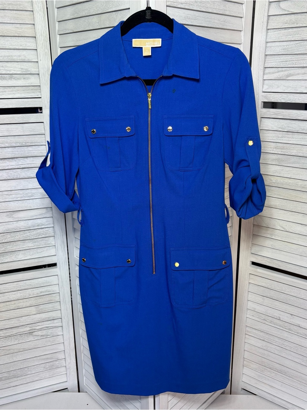 MICHAEL Michael Kors Royal Blue Utility Zip Front Shirt Dress S